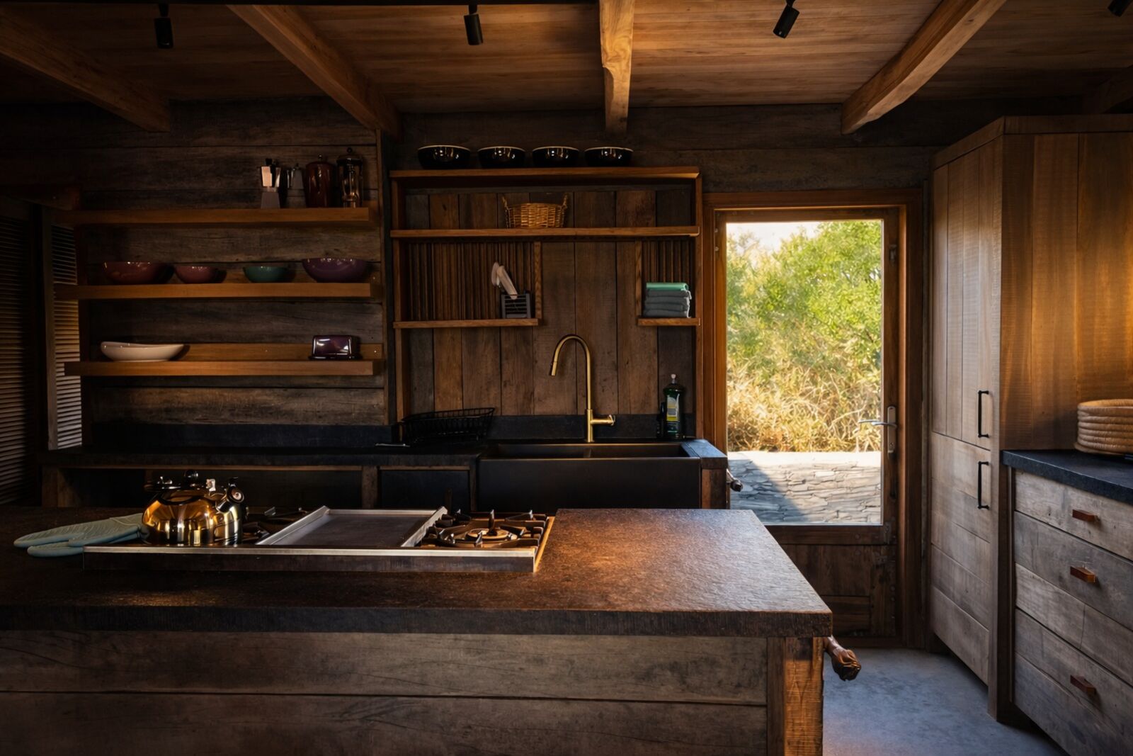 Warm timber kitchen of a boutique guesthouse, filmed by Stayright